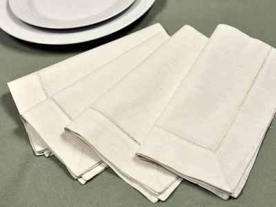 1 Dozen Ecru Hemstitched Linen Dinner Napkins - 18 inch